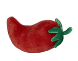 Red plush chili pepper toy with green stem on a white background