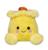 Yellow plush toy with a happy expression on a white background