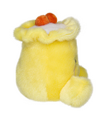 Yellow plush toy with a white muzzle and orange nose on a white background