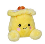 Yellow plush toy with a happy expression on a white background