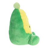 Plush toy resembling a corn on the cob with green and yellow colors on a white background