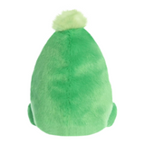 Green plush toy with a white pom-pom on a white background