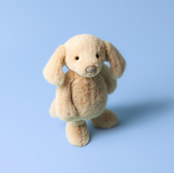 Plush toy dog on a light blue background