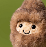 Close-up of a plush toy with a smiling face and brown fur against a green background