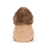 A plush stuffed animal shaped like a beaver or nut, shown from the back on a clean white background. The toy has a textured, fuzzy body in light tan/beige with a darker brown fluffy top and tail.