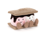 A plush toy shaped like a marshmallow s'more sandwich, featuring a pink marshmallow with dark brown chocolate drizzle, a white marshmallow, and tan corduroy-style feet and bread layers, photographed on a clean white background.