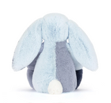 Plush toy rabbit with blue and gray color scheme on a white background