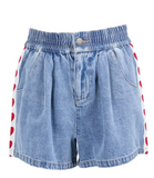 Light blue denim shorts with an elastic waistband, side pockets, and red polka-dot side stripes on a white background.