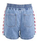 Light blue denim shorts with an elastic waistband, two back pockets, and red polka-dot side stripes on a white background.