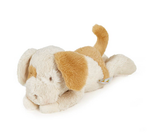 Plush toy dog with brown and white fur on a white background