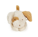 Plush toy dog with brown ears and face on a white background