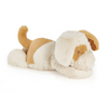 Plush toy dog with brown and white fur on a white background