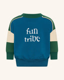 Blue and green sweatshirt with 'fun tribe' text on a white background