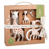Sophie la girafe toy set with packaging featuring a keychain, teether, and plush toy.