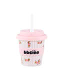 Pink and white cup with 'bbecca' branding on a white background