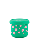 Green container with pink floral pattern on a white background