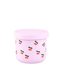 Pink container with cherry pattern on a white background