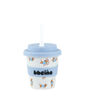 Children's cup with blue lid and sleeve featuring 'bbeeino' branding on a white background