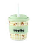 Children's cup with checkered design and teddy bear illustrations on a white background