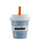 Blue cup with white lid and orange straw featuring 'bbeeino' branding on a white background