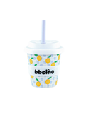 Tumbler with lemon pattern and 'bbeiño' branding on a white background