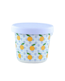 Container with a lid featuring orange pattern on a white background