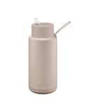 Beige water bottle with a straw lid on a white background
