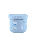 Blue container with duck design on a white background