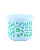 Light blue container with green patterns on a white background