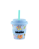 Children's cup with cartoon characters and a straw on a white background