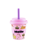 Pink tumbler with cartoon designs and a purple straw on a white background