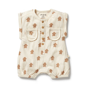 Baby romper with gingerbread man pattern on a white background