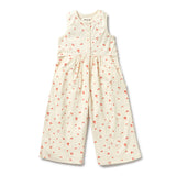 White sleeveless jumpsuit with red floral pattern on a white background