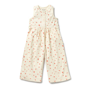 White sleeveless jumpsuit with red floral pattern on a white background