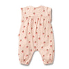 Pink baby romper with strawberry pattern on a white background
