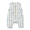 Striped baby romper with button details on a white background