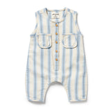 Striped baby romper with button details on a white background