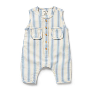 Striped baby romper with button details on a white background