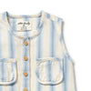 Children's blue and white striped shirt with button details on a white background