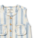 Children's blue and white striped shirt with button details on a white background