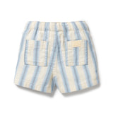 Blue and white striped shorts on a white background