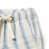Close-up of blue and white striped shorts with drawstring on a white background
