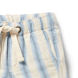 Close-up of blue and white striped shorts with drawstring on a white background