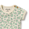 Baby romper with floral pattern and 'willow & frenchie' branding on a white background