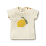 Baby t-shirt with lemon design on a white background