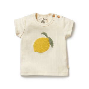Baby t-shirt with lemon design on a white background