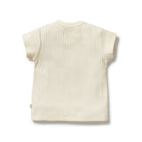 Beige ribbed sleeveless shirt on a white background