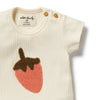Baby romper with strawberry design and 'Wool & Freckle' branding on a white background
