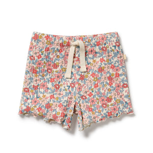 Floral shorts with a drawstring on a white background