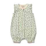 Baby romper with green floral pattern on a white background